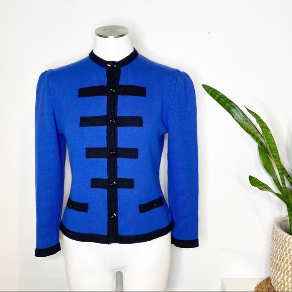 Vintage | Saks 5th Avenue 80s Cobalt Blue Cardigan Sweater Sgt. Pepper's Stripes - Picture 1 of 9